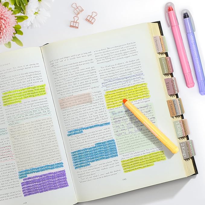 12 Bright No Bleed Bible Gel Highlighters & 5 Pens with 90 Laminated Bible Tabs, Aesthetic Bible Journaling Kit School Supplies for Women & Men(73 Pre-Printed & 17 Blank Tabs)