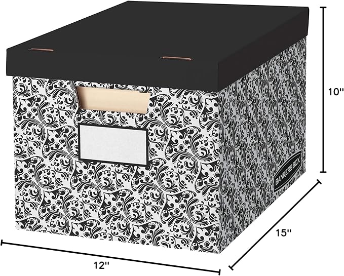 Bankers Box 10 Pack STOR/FILE Decorative Medium-Duty File Storage Boxes, FastFold, Lift-Off Lid, Letter/Legal, Black/White Brocade