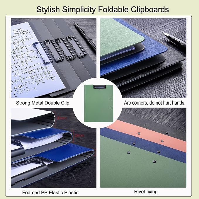 2 Pack Foldable Clipboards, A4 Office Clipboard Folder with Double Metal Clips, 360 Degree Foldable Binder Clipboard with Pen Holder, File Cover Work Folder Clipboards, Green