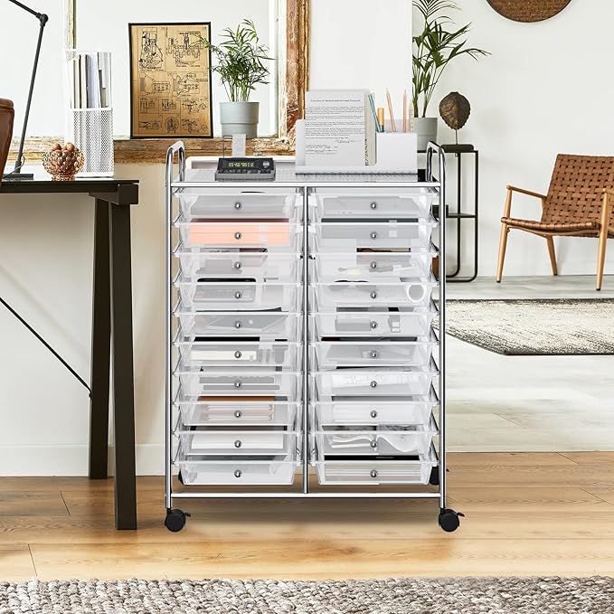 COSTWAY 20 Drawers Rolling Storage Cart, Multipurpose Movable Organizer Cart for Tools, Scrapbook, Paper, Craft, Utility Storage Trolley on Wheels for Home Office School (Clear)