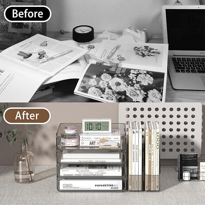 Acrylic Paper Organizer with Movable Bookends, 4-Tier Stackable Paper Tray for Desk, Brown Clear File & Letter Tray Organizer Office