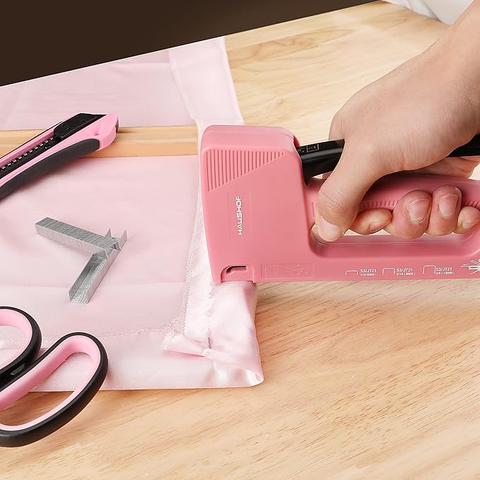 HAUSHOF Light Duty Staple Gun, Upholstery Staple Gun with 800PCS JT21 Staples and Stapler Remover, Fits JT21 Staple of 1/4'', 5/16'' & 3/8'', Used for Wood, Classroom, Crafts, DIY, Decoration (Pink)