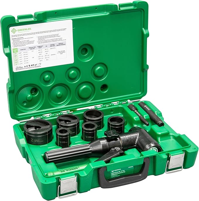 Greenlee 7906SB 8-Ton Hydraulic Knockout Punch Kit with Quick Draw 90 Knockout Driver, 1/2" to 2" Slug-Buster Punches, Dies, and Short Hydraulic Draw Studs