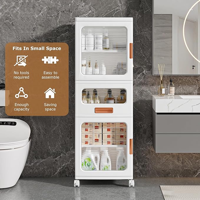 VECELO 3-Tier Narrow Bathroom Storage Cabinet with Drawer, Movable Wheels, Adjustable Shelves, Anti-Tip, Slim, for Small Space, Kitchen, Laundry, White