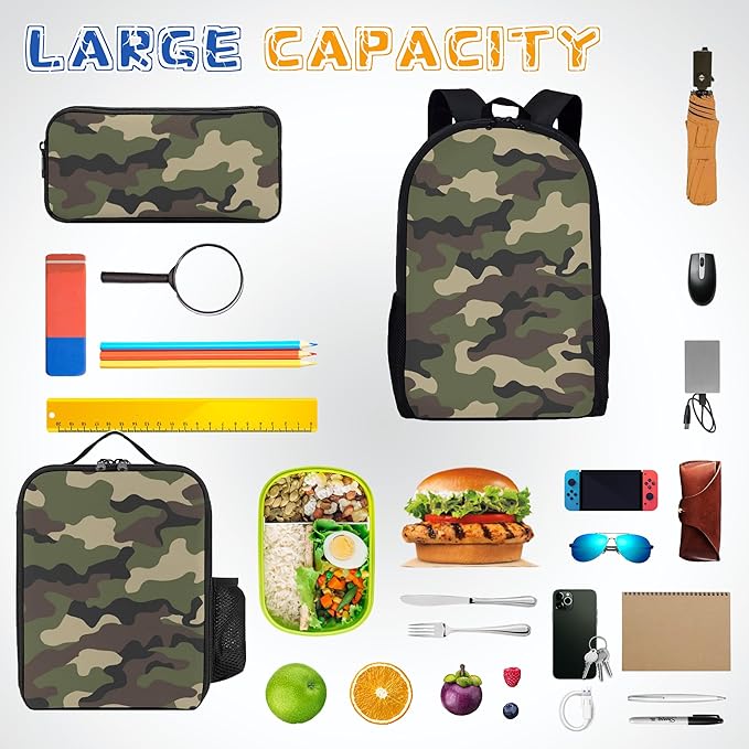3PCS Camo Backpack Set for Boys, Lightweight Large Backpack with Lunch Box & Pencil Case, Camouflage Bookbag for Kids, Back to School Backpacks for Elementary & Middle School