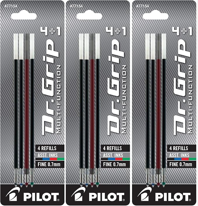PILOT Dr. Grip 4+1 Multi-Function Ballpoint Ink Refills, Fine Point, Black/Red/Blue/Green Inks, 3 Pack