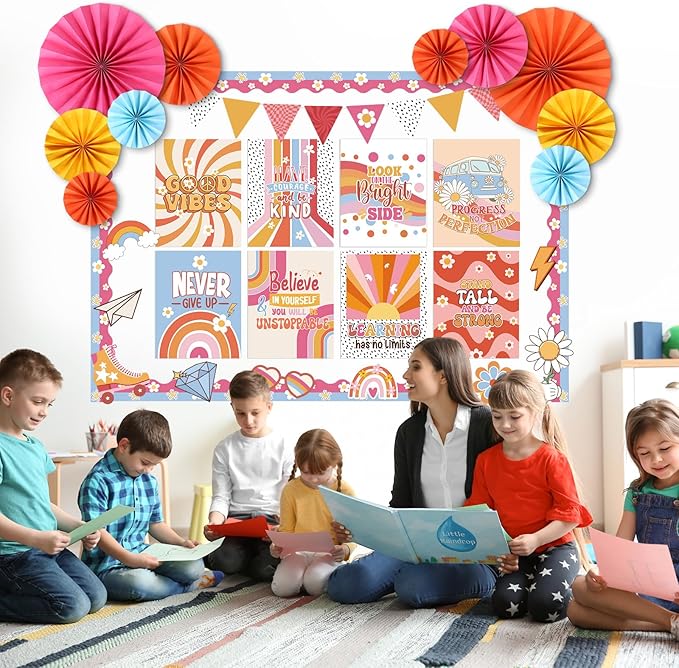 Pajean 62 Pcs Retro Groovy Classroom Bulletin Board Decorations Inspirational Posters with 3D Paper Fans Groovy Cutouts Motivational Bulletin Board Set for Back to School Classroom Home Decorations