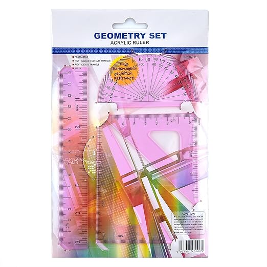 Coopay 6 Inch Math Geometry Tool Plastic Ruler Square Set Includes Straight Ruler, Triangles, Protractor for Student School Office Supplies (Pinkish-Purple)