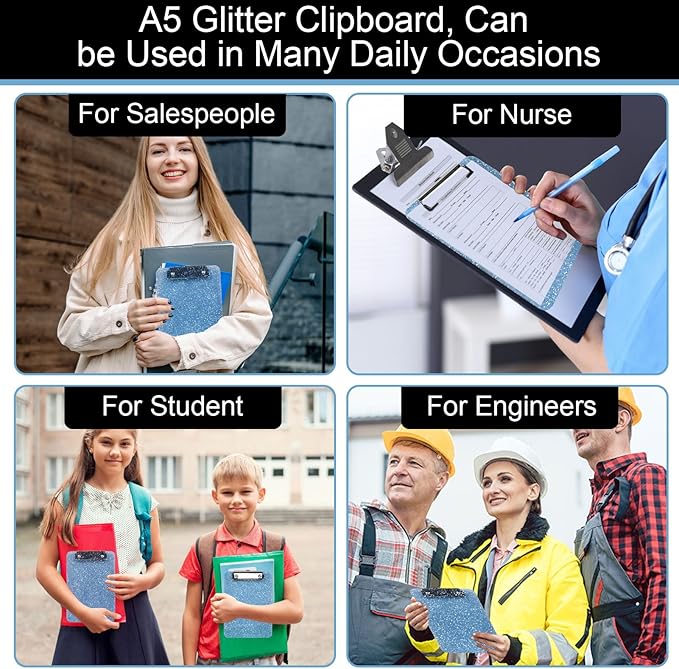 2 PCS A5 Size Clipboards,Size 6X 9inches,Glitter Clipboard with Low Profile Clip,Sparkle Plastic Clipboard,Cute Hanging Clip Boards for Office Supplies Clipboards Mini Clip Board