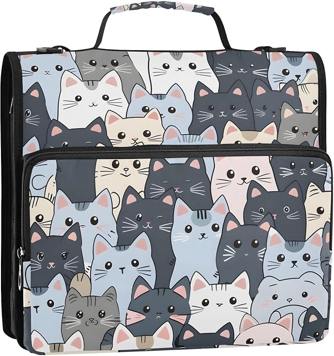 3 Ring Zipper Binder with Shoulder Strap Cat Cute Blue 1.5 inch Binders Keeper Large Capacity Multi Pockets for School Office Supplies