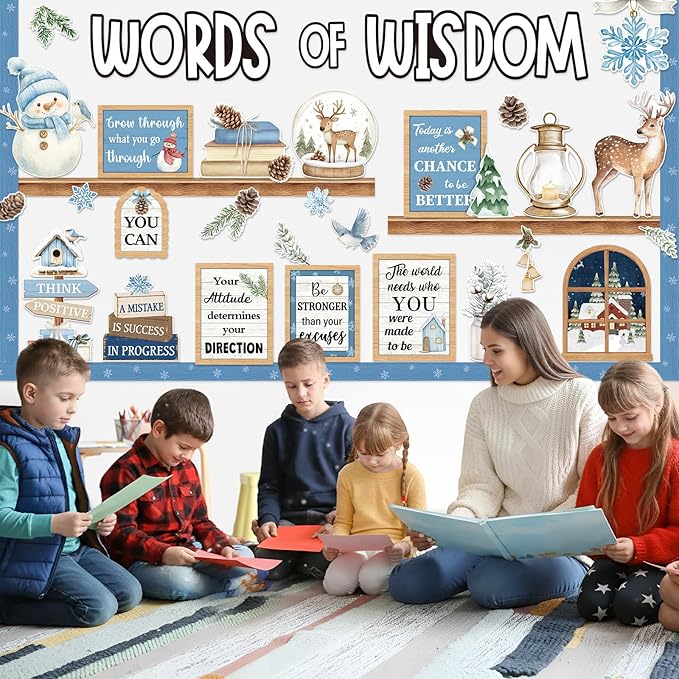 57 Pcs Christmas Winter Bulletin Board Set Inspirational Classroom Decoration Watercolor Snowflake Snowman Cutout for Holiday School Chalkboard Door Wall Decor