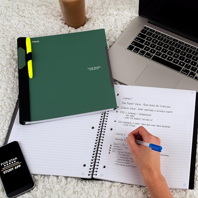 Five Star Advance Spiral Notebook + Study App, 5 Subject, College Ruled Paper, 8-1/2" x 11", 200 Sheets, Spiral Guard, Movable Tabbed Dividers, Seaglass Green (73148) (Pack of 6)
