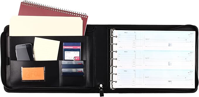 2Fold Zippered Business Checkbook Binder - 7 Ring Binder for Business Checks with Built-in Organizer and Card Case - PU Leather Portfolio for up to 600 3-Up Checks (Black)