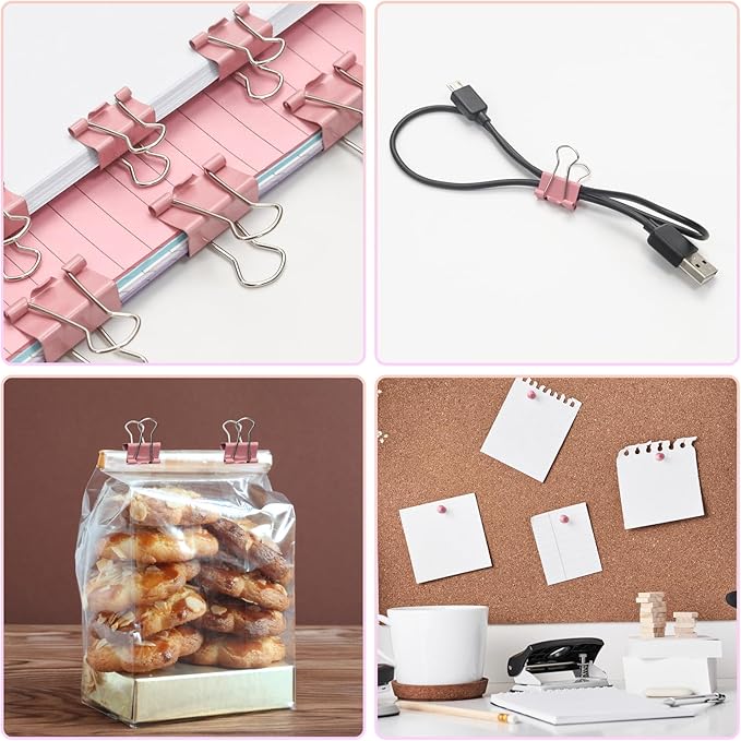 Office Supplies Set, Paper Clips, 72 Pcs, Push Pins and Binder Clips Set with Box for Office, School and Home(Pink)