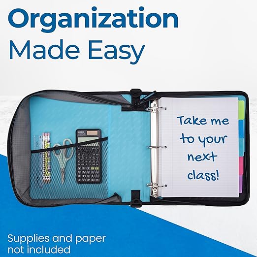 Case-it Classic Zipper Binder | 2-Inch O-Rings, 350 Sheet Capacity, Multiple Storage Pockets & Shoulder Strap | School & Office Organizer | D-251 Teal