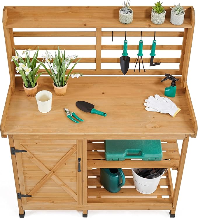 Yaheetech Outdoor Potting Bench, Large Horticulture Work Table Workstation with Storage Cabinet Shelf & Planting Working Console for Patio/Lawn/Garden - Wood