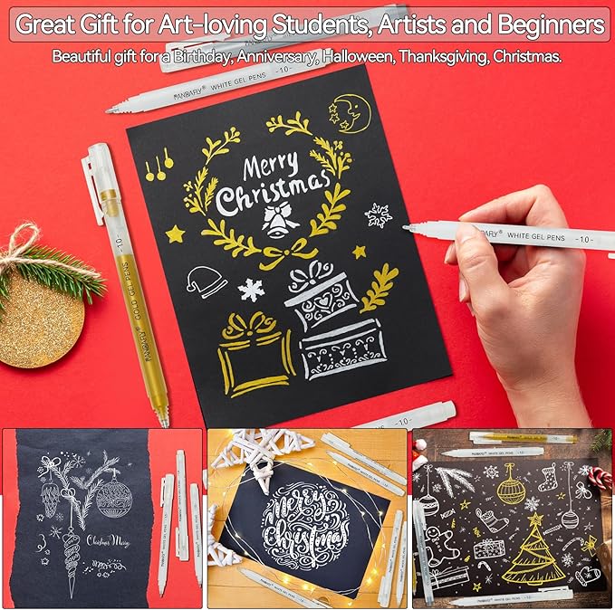 PANDAFLY Gold Silver White Gel Pens, 1mm Fine Point Opaque Archival Ink Pen for Journaling, Art, or Drawing - For Artist Gifts, Holiday Gifts & DIY Projects, 3 Pack