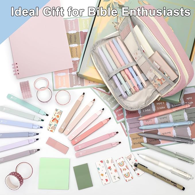 54Pcs Bible Study Supplies, Bible Journaling Kit with Pencil Case, Notebook, No Bleed Highlighters, Pens, Laminated Tabs & More, Note Taking Supplies, Valentines Day Gifts for Women, Pink