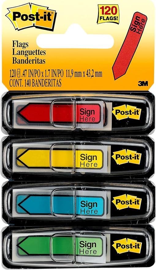 Post-it Message Sign Here Flags, 30/Dispenser, 4 Dispensers/Pack, .47 in Wide, Assorted Colors (684-SH) (Pack of 2)