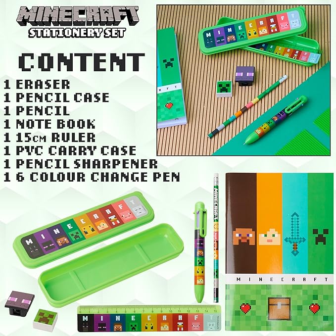 Minecraft Filled Pencil Case and Stationery Set for Kids, School Supplies - Gifts for Boys (Green/Multi)