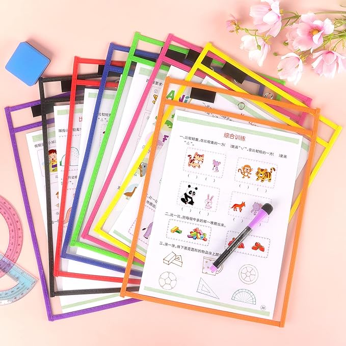 Tamaki 8 Pack Dry Erase Pockets Sleeves with Rings, 10 x 14 Inch Ticket Holders Clear Plastic Sheet Protectors for Teacher Classroom Supplies, 8 Assorted Colors