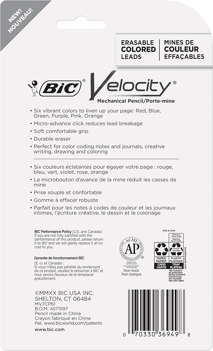BIC Velocity Colored Lead Mechanical Pencils,Assorted Colors,Colored Pencils for Classrooms and School Supplies,6 Count (Pack of 2)