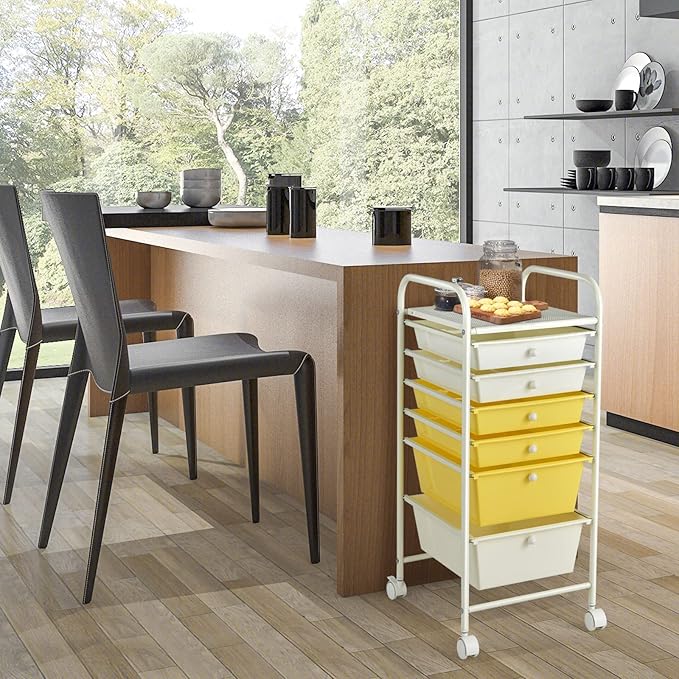 COSTWAY 6-Drawer Rolling Storage Cart, Multifunctional Art Craft Tools Organizer on Wheels, Heavy Duty Utility Mobile Storage Trolley w/ 2 Lockable Wheels for Home Office School (Yellow, Beige & Grey)