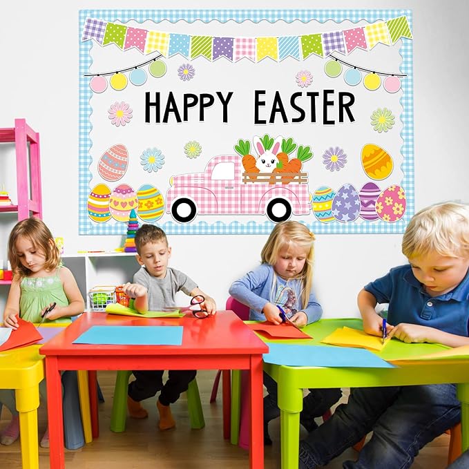ZOiiWA 104 Pcs Easter Classroom Bulletin Board Decoration Happy Easter Bulletin Board Set Easter Truck Bulletin Board Set Easter Bunny and Eggs Cutouts for School Blackboard Nursery Home Wall Decor