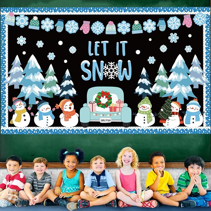 Winter Bulletin Board Decorations Set Christmas Tree Snowmen Cutouts with Bulletin Border Snowflake Winter Classroom Decorations Chalkboard Window Wall Door Decor for Home Office School 61PCS