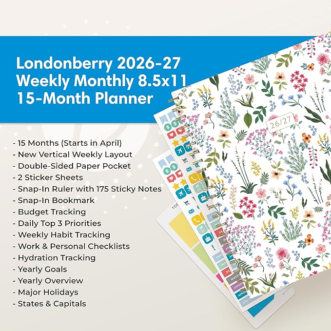Blue Sky 15 Month 2026-2027 Weekly and Monthly Academic Year Planner Calendar, April 2026 - June 2027, 8.5" x 11", Hard Cover, Wirebound, Laminated Tabs, Storage Pocket, Includes Snap-in Ruler w/Sticky Notes & Sticker Sheet, Londonberry White