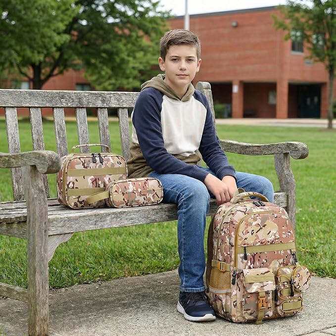 School Backpack for Boys - 5pcs Camo Boys Backpack with Lunch Box Set for Kids Teens Elementary Middle High School,18″ Large Capacity Students Bookbag