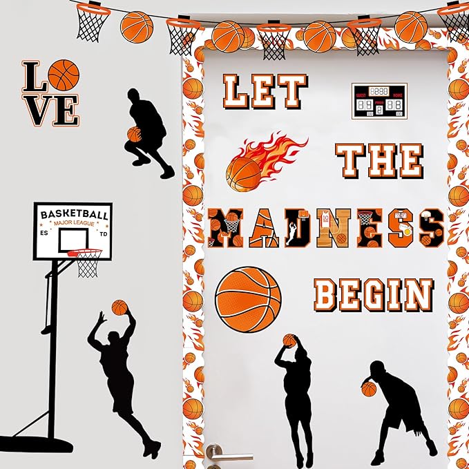 gisgfim Basketball Bulletin Board Decoration Set with Background Paper & Borders Cutouts Let The Madness Basketball Sport Bulletin Board Decor for Classroom School Game Craft Supplies(Basketball)