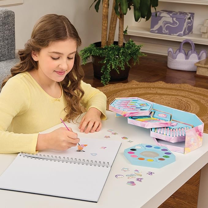 Make It Real: Creative Heart Art Set - 68pc Supplies Kit, Hexagon Stacked Trays Studio, Watercolors-Color Pencils-Markers-Stickers, Tween-Girl-Kids 6+