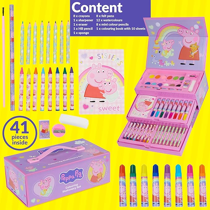 Peppa Pig Art Case for Girls, Colored Pencils, Crayons, Markers, Watercolors, Art Supplies, Drawing Supplies, Travel Stationery Box, Gifts for Girls