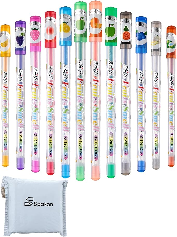Spakon 36 Pcs Scented Glitter Gel Pens for Kids, Cute Coloring Smooth Writing Gel Pens for Kids Christmas Stocking Stuffers Gifts Arts Crafts Stationary Supplies(Fruit Style)