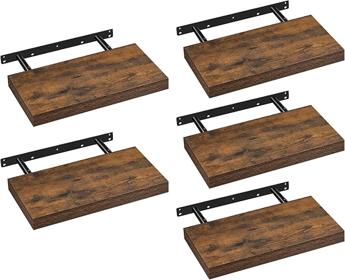 VASAGLE Wall Shelves Set of 5, Floating Shelves, Wall Mounted, 8 x 15.7 x 1.5 Inches, Display Shelves for Picture Frames, Wall Decor, Hanging Shelf for Living Room, Kitchen, Rustic Brown ULWS071B02