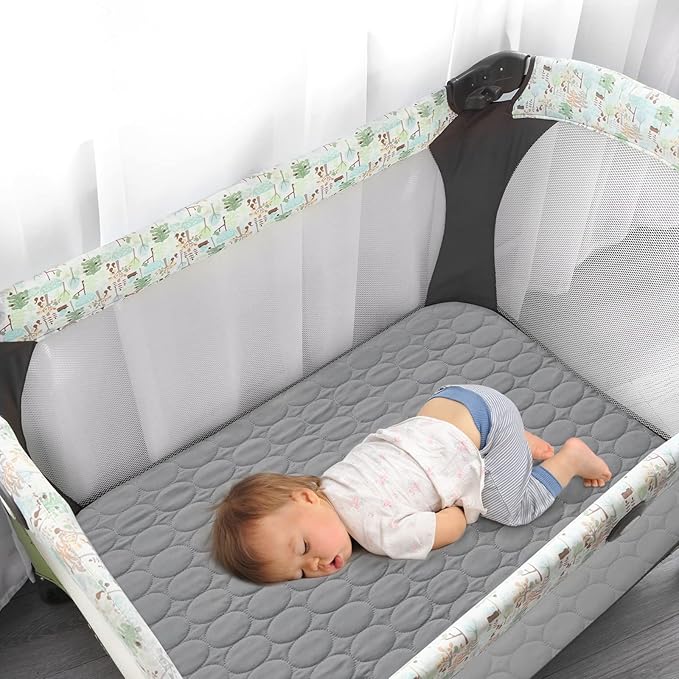 Pack and Play Sheets Fitted Quilted Waterproof Protector, 2 Pack Playard Mattress Pad Compatible with Graco Pack n Play, Mattress Cover fits for Baby Playpen Mattress, Mini Crib, Gray & Navy Blue