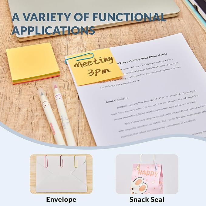 NEEWAY 450pcs Paper Clips Assorted Sizes with 100 Sheets Sticky Notes Set, Colored Paperclips for Office Document Organizing