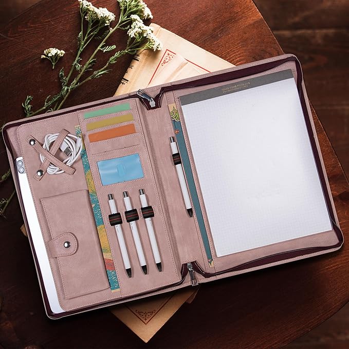 Link Luck Pink Portfolio Binder,3 Ring Binder with Zipper,PU Leather Padfolio with Zipper for Women, Professional Business Portfolio Organizer for Resume/Interview, A4 Letter Document Organizer