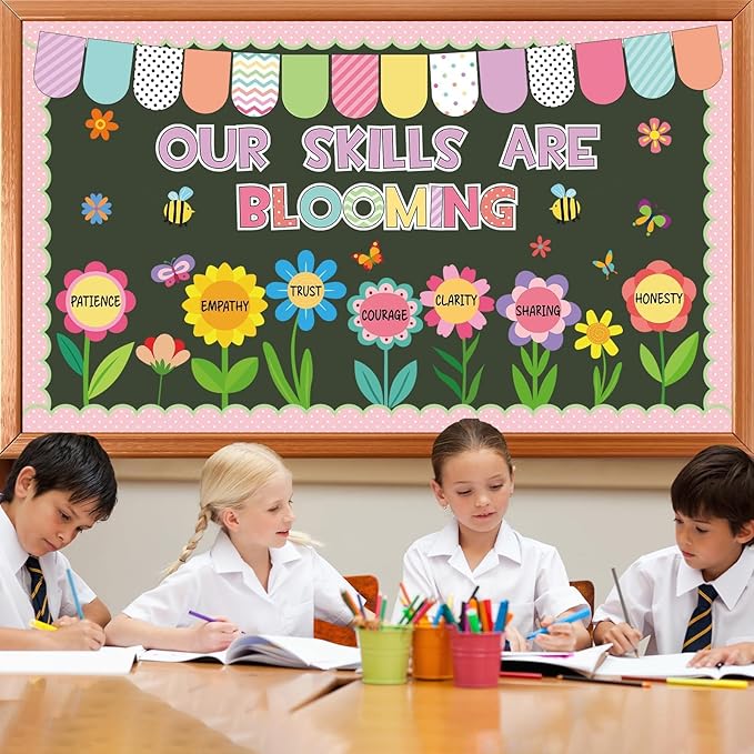 Qyeahkj Spring Bulletin Board Decorations Set Butterfly & Flower Cutouts Reusable Motivational Pastel Floral Classroom Office Home Wall Decor for Teachers Nursery Spring Party Backdrop (Easy-Install)