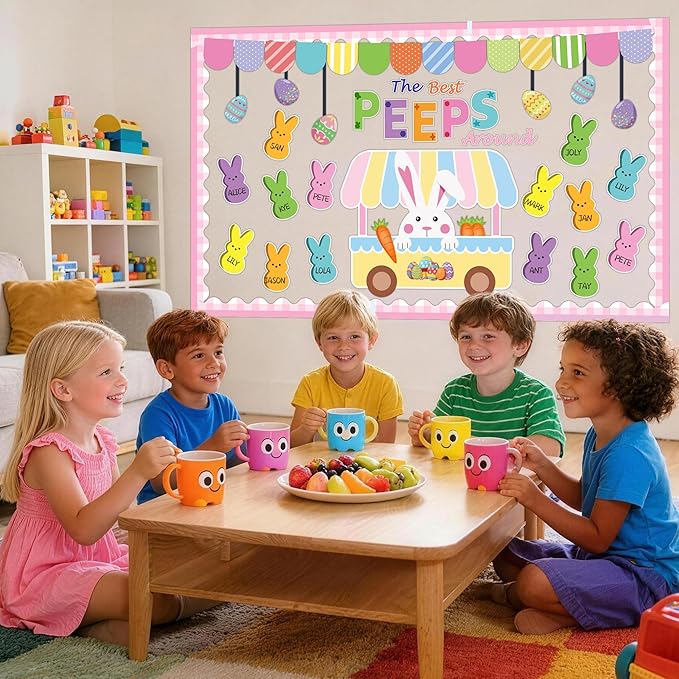 Easter Bulletin Board Decorations, 76pcs Spring Easter Classroom Decorations Set, Easter Eggs Bunny Cutouts Easter Bulletin Board, Peeps Decorations School Classroom Home Office Spring Easter Decor