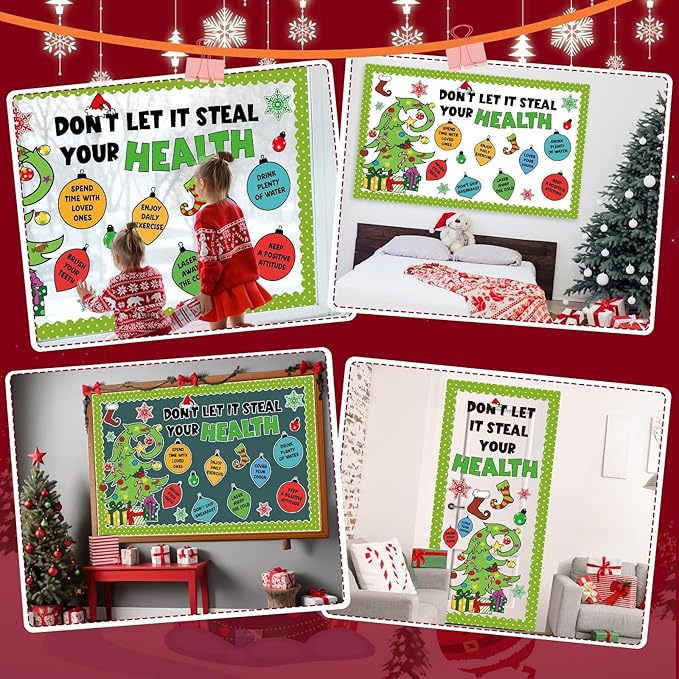 Christmas Bulletin Board Decorations Christmas Accents Healthy Habits Cutouts Red Green Xmas Elf Tree Paper Classroom Decors for Winter Holiday School Classroom Chalkboard Wall Decor Supplies