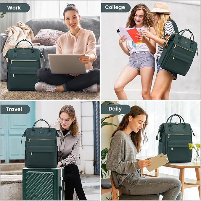 LOVEVOOK Laptop Backpack for Women, 17 Inch Work Teacher Nurse Bag, Large Capacity Business Computer Backpack Purse with USB Port, Stylish Casual Daypack for Travel,Green