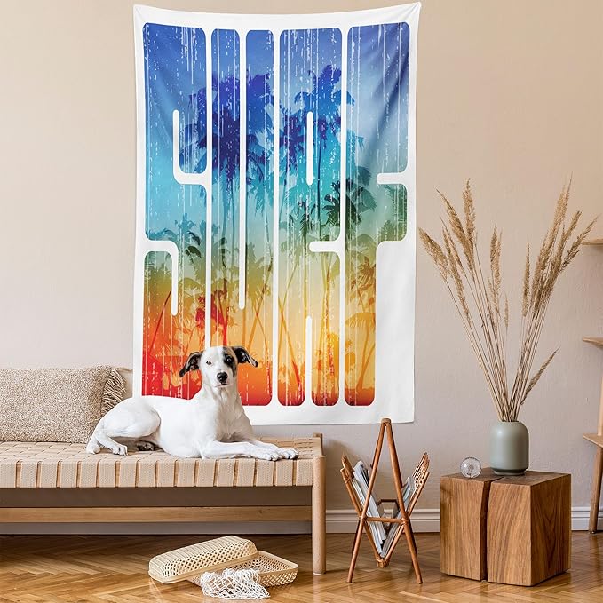 Ambesonne Surf Tapestry, Summer Theme Retro Letters That Reflect The Seacoast Palm Tree Extreme Sports Art, Wall Hanging for Bedroom Living Room Dorm Decor, 40" X 60", Navy Orange