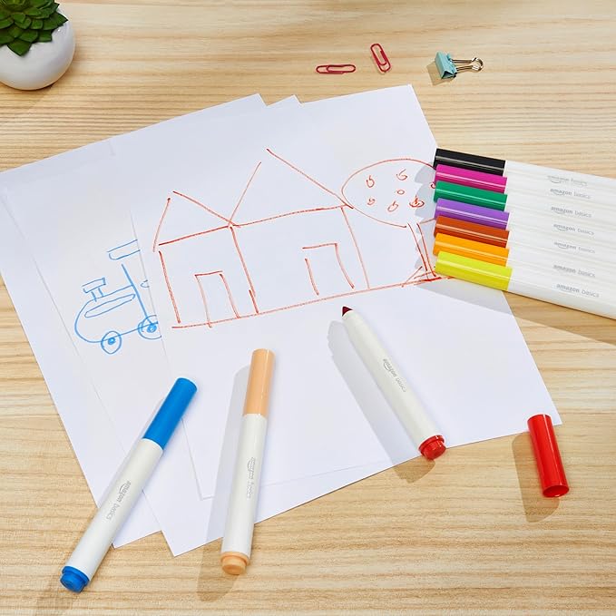 Amazon Basics Colored Washable Markers for Coloring and Drawing, Broad Line, Multicolored, 10-Pack