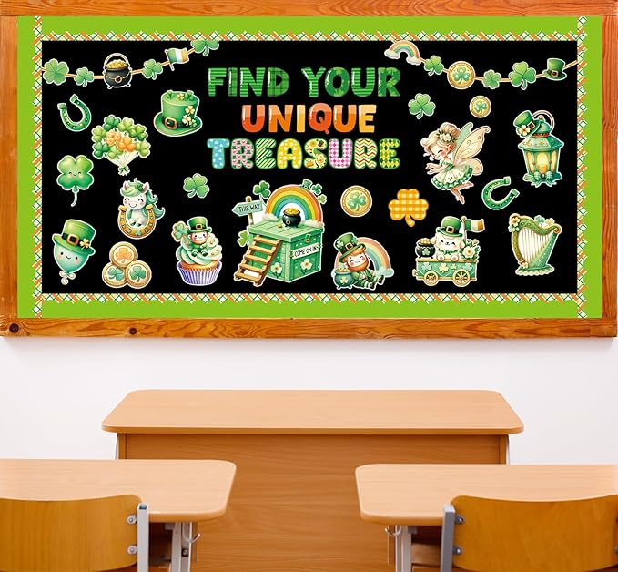 Fancy Land St. Patrick's Day Bulletin Board Set for Classroom Decorations Irish Shamrock Rainbow Gold Coin Pot Cutouts for Chalkboard Home Office Wall Door Decor 69Pcs