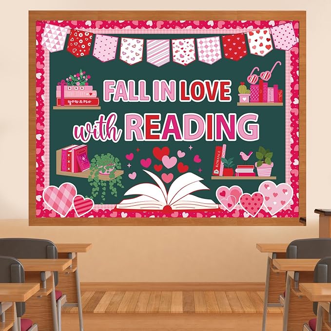 Valentine Bulletin Board Decorations - Valentine Reading Classroom Decorations, Heart Book Paper Cutouts Set for School Library, Valentines Day Chalkboard Office Wall Decor Supplies