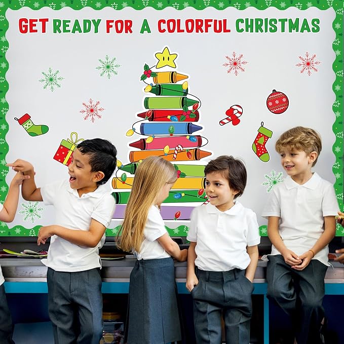 gisgfim Christmas Bulletin Board Decoration Set Colorful Crayon Christmas Tree Paper Cutouts Holiday Classroom Bulletin Board Decor for Xmas Winter Holiday Party School Door Home Wall(Crayon)