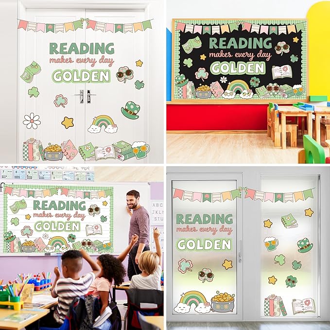 St. Patrick's Day Classroom Bulletin Board Set Reading Makes Every Day Golden Bulletin Board Decorations Irish Clover Cutouts for Bulletin Board St.Patrick’s Party Supply Classroom Chalkboard Decor