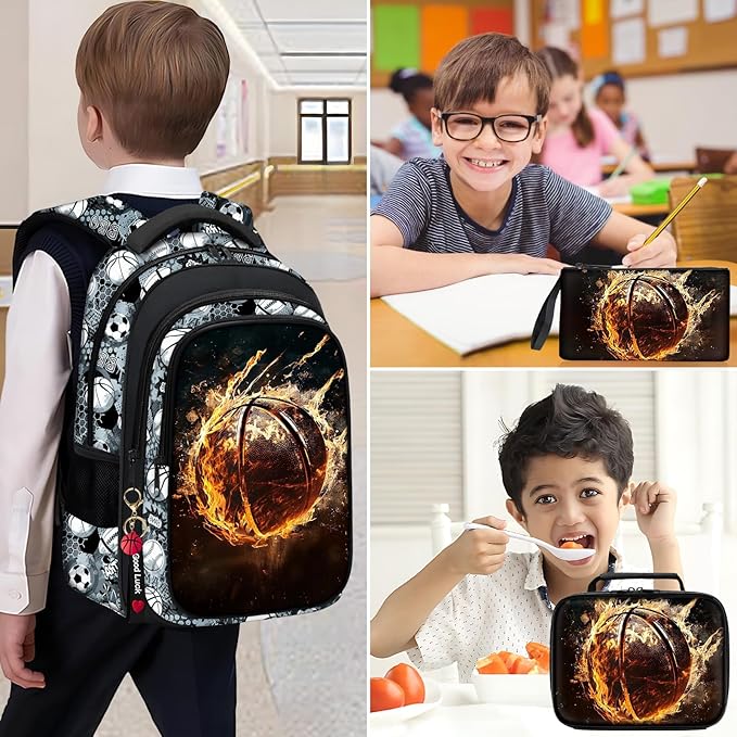 School Backpack for Boys - 4pcs Basketball Boys Backpack with Lunch Box Set for Kids Children Teens Elementary Middle School - 17″ Sport Bookbag Travel Back Pack for Age 6-18